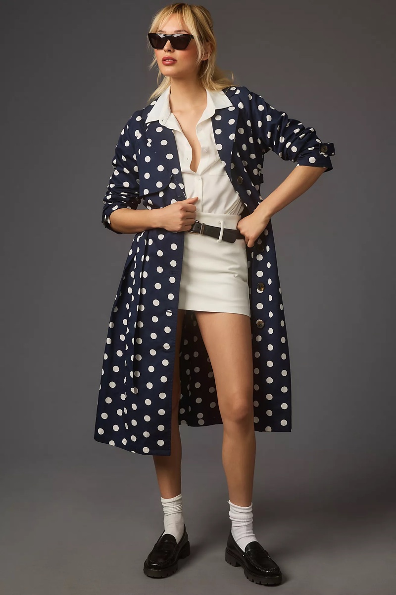 Polka Dot Trench Coat Skirt Sunglasses Outfit