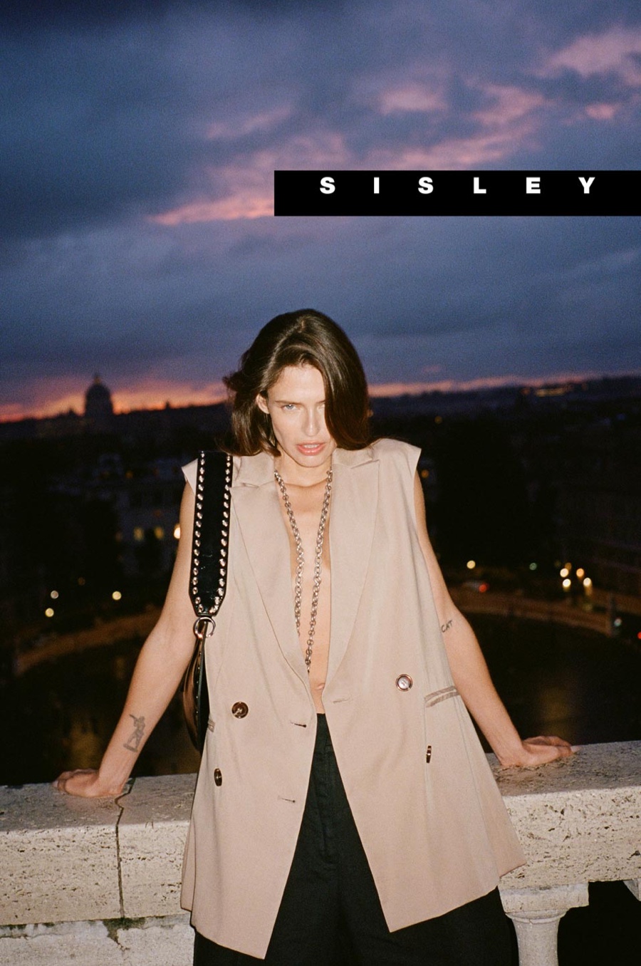 Bianca Balti captivates in a beige vest, fronting the Sisley spring 2024 advertisement.