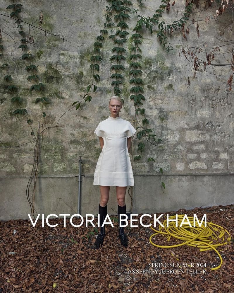 Vilma Sjöberg channels minimalism in a white dress for the Victoria Beckham spring 2024 campaign.