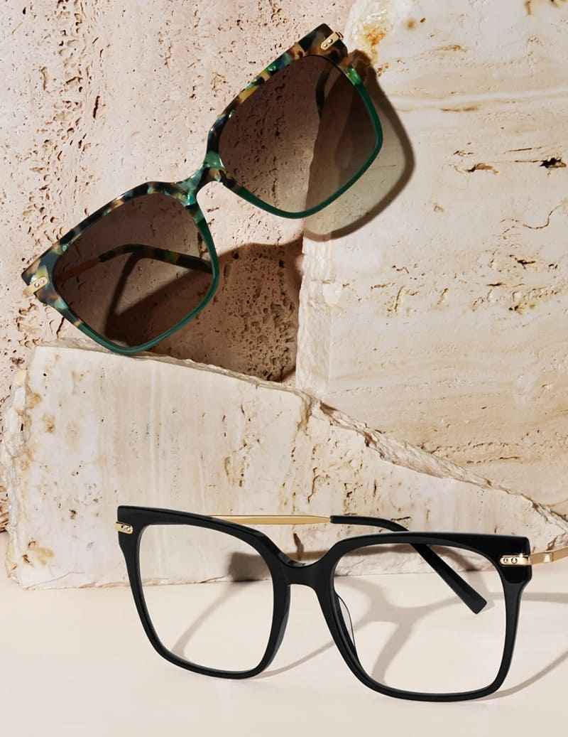 (Top) Warby Parker Vela Sunglasses in Aventurine Tortoise Fade with Polished Gold $145 (Bottom) Warby Parker Vela Glasses in Jet Black with Polished Gold $145
