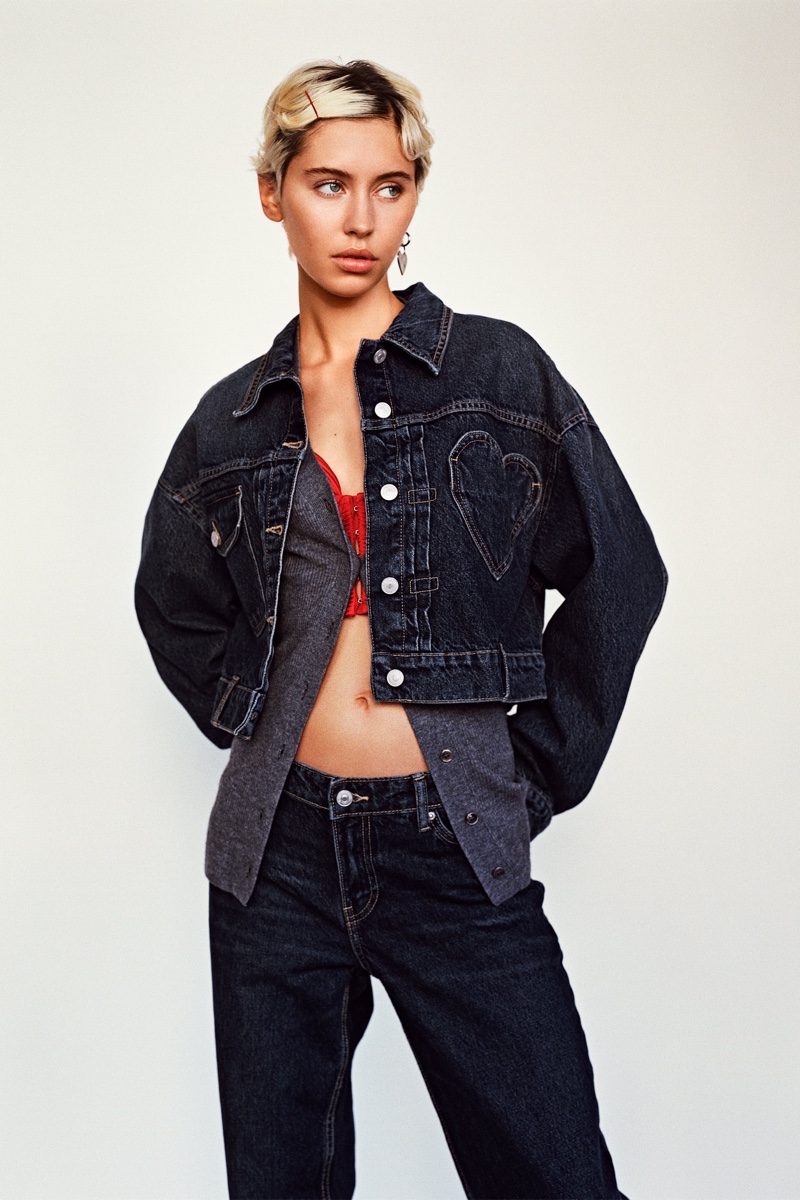 Denim on denim, Iris Law fronts Zara's Valentine's Day 2024 styles with a heart-accented jacket.