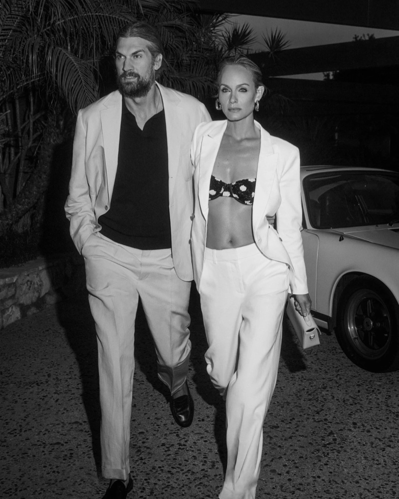Amber Valletta poses with Teddy Charles in elegant linen pantsuits from J. Crew'