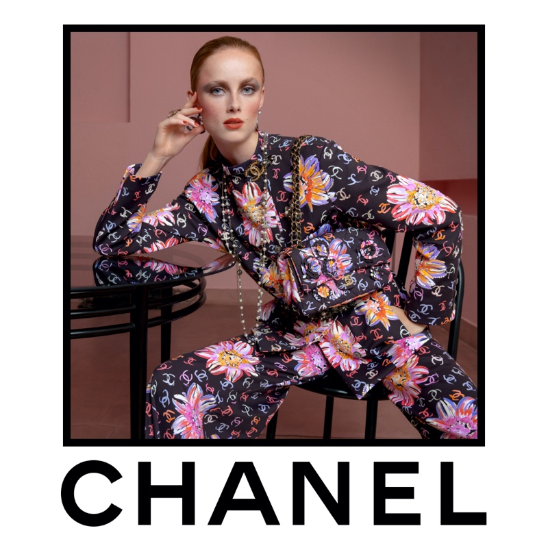 In the Chanel spring-summer 2024 campaign, Rianne Van Rompaey dons a vibrant floral look.