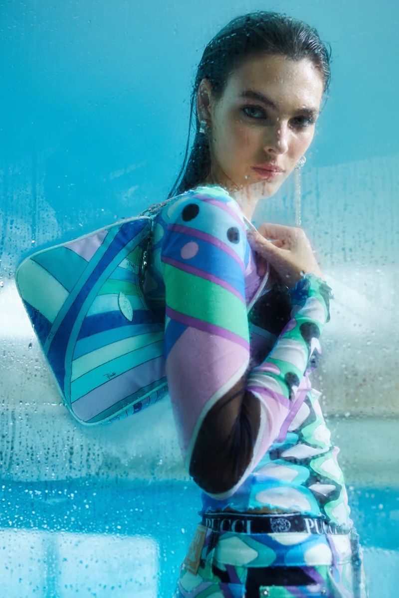 In the Pucci Very Vivara 2024 ad, Vittoria Ceretti showcases a colorful, patterned top and Yummy bag.