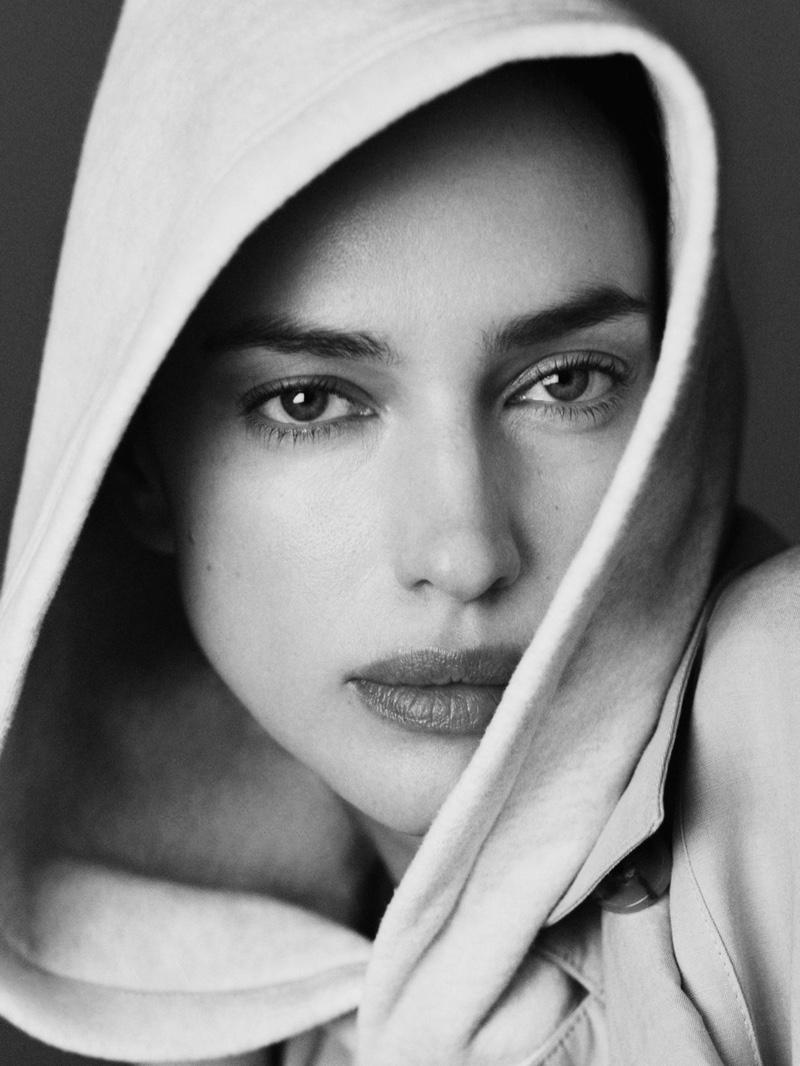 Ready for her closeup, Irina Shayk shows off a grey hoodie in the Aritzia Sweatfleece 2024 campaign