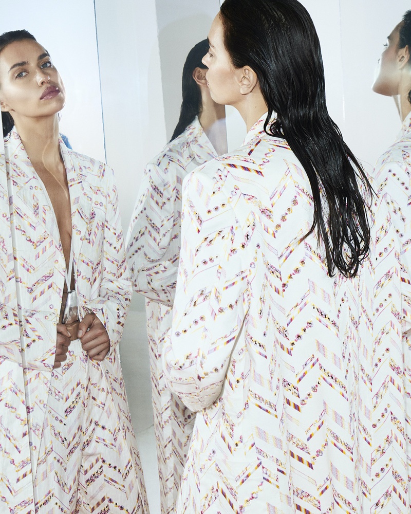 In the Missoni spring 2024 ad, Irina Shayk captivates with a patterned coat and pants.