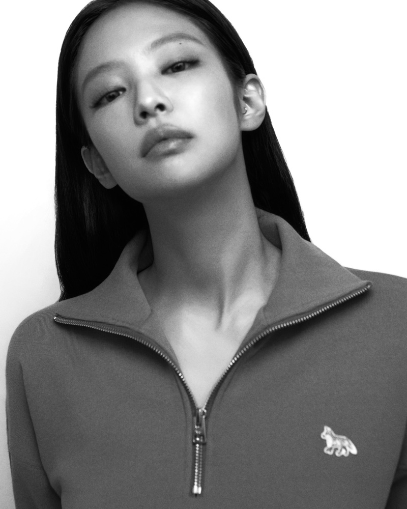 Captured in black and white, Jennie models Maison Kitsuné's Baby Fox line.