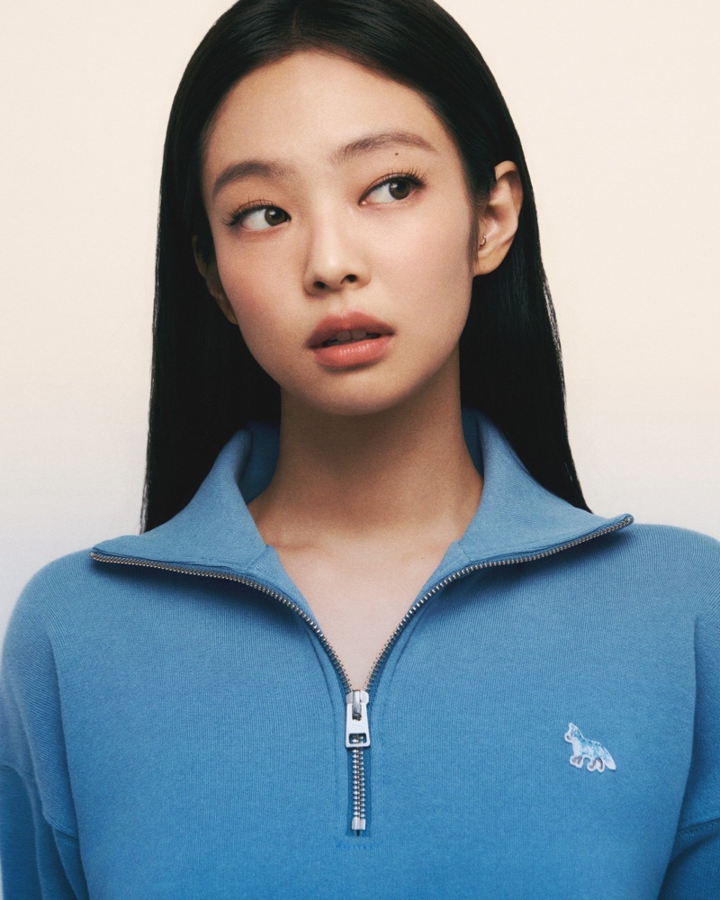 Jennie sports zip-up jacket for Maison Kitsuné's spring 2024 Baby Fox line.