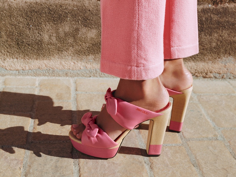Jimmy Choo Beach 2024 collection: pink platform Rua sandals with bow details.