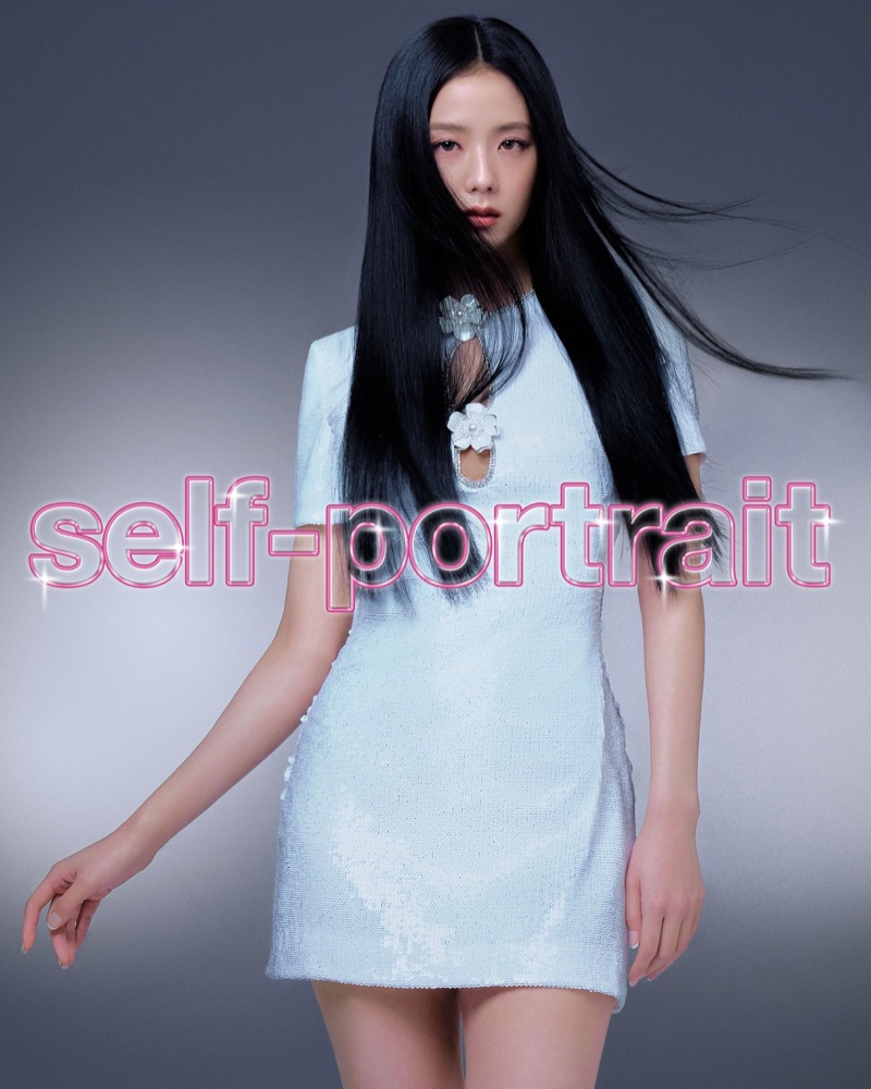 In Self-Portrait's spring 2024 ad, Jisoo captivates in a sequin blue dress with floral accents.