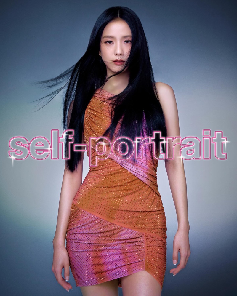 Jisoo showcases a dynamic orange and pink rhinestone dress in the Self-Portrait spring-summer 2024 campaign.