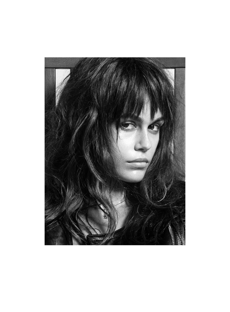 Wearing a shaggy hairstyle, Kaia Gerber gets her closeup in black and white.