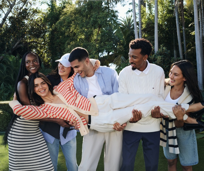 Joyful spring 2024 moments with Kendall Jenner and friends  Ebony Riley, Fai Khadra, Travis Bennett, Devon Lee Carlson, and Hannah Logan in Tommy Hilfiger.