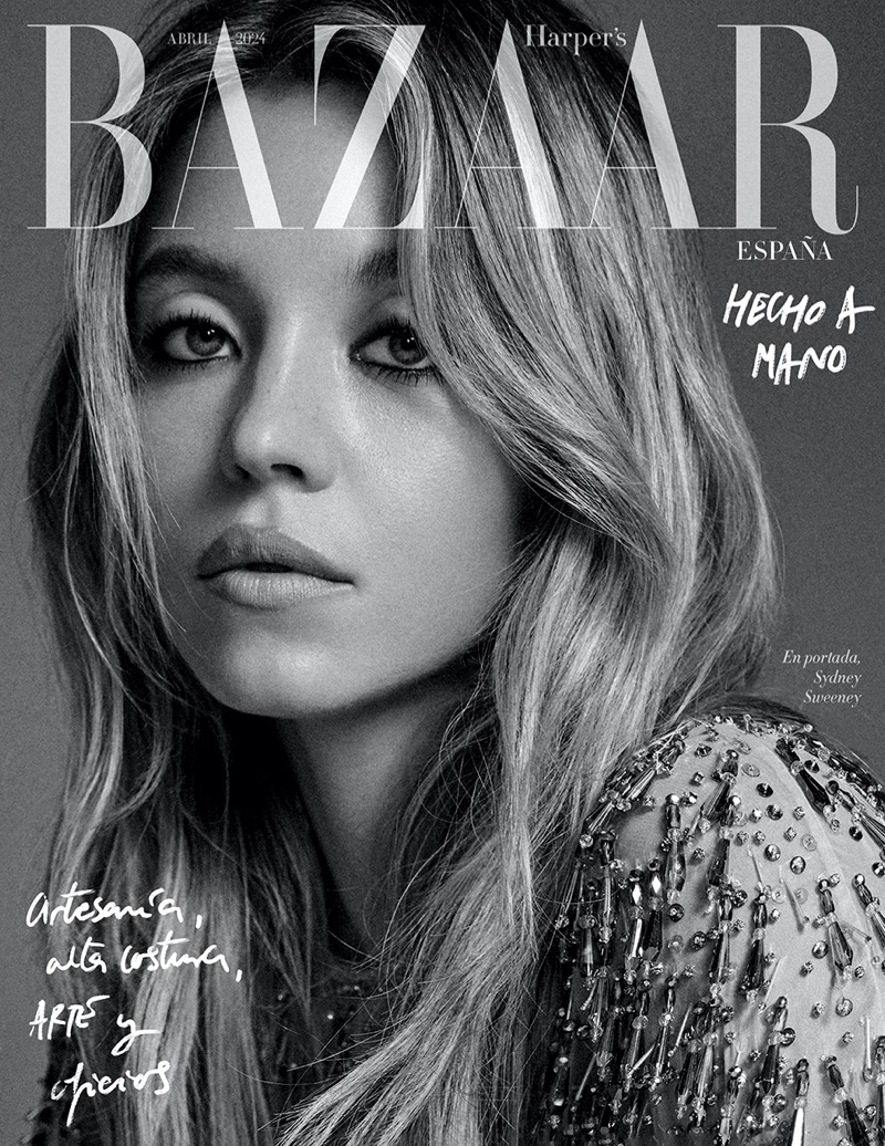 Actress Sydney Sweeney wears Giorgio Armani on Harper's Bazaar Spain April 2024 cover.