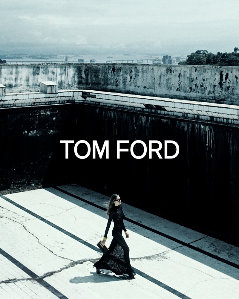 Angelina Kendall wears knit maxi dress as she fronts Tom Ford's summer 2024 campaign.