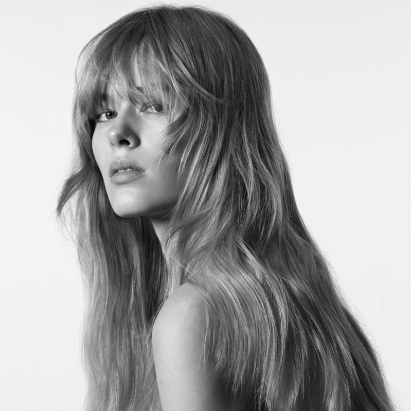 Kristine Lindseth shows off a shaggy hairstyle with bangs for Zara Hair Everyday Basics collection.