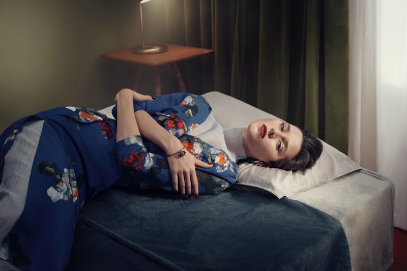 Vivienne Rohner showcases a floral blue design in the Zara Studio spring-summer 2024 ad.