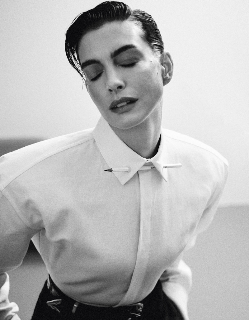 Captured in black and white, Anne Hathaway has an emotive moment.