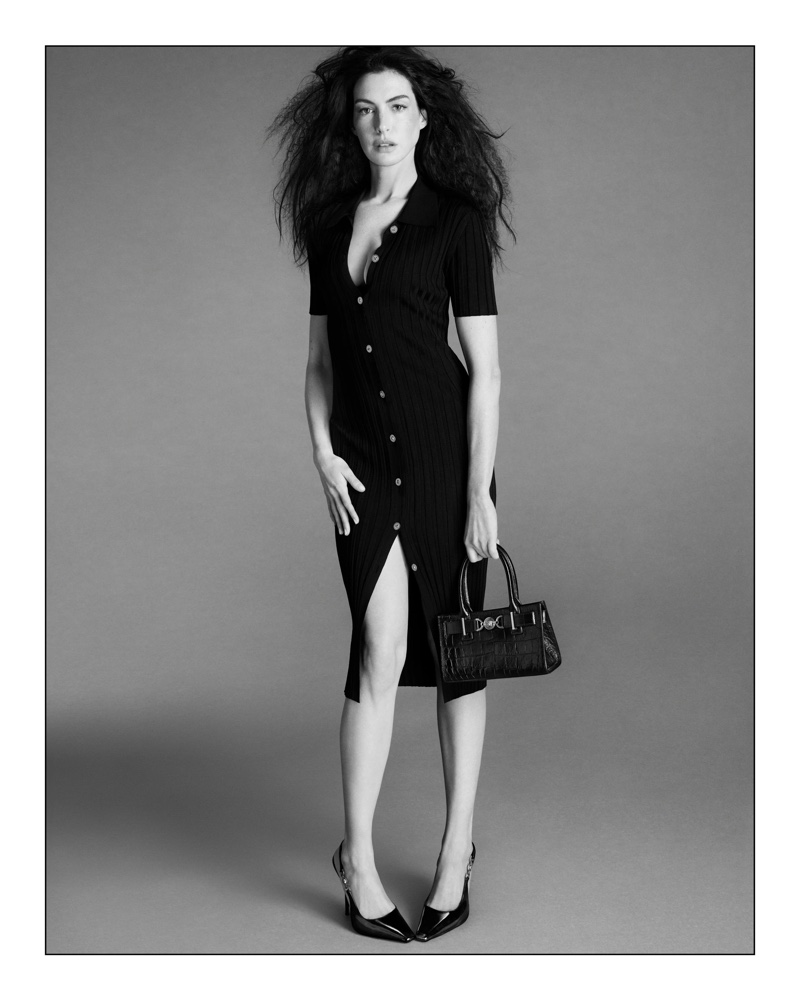 Actress Anne Hathaway brings a sophisticated edge to Versace Icons 2024 campaign, modeling a knit dress. 