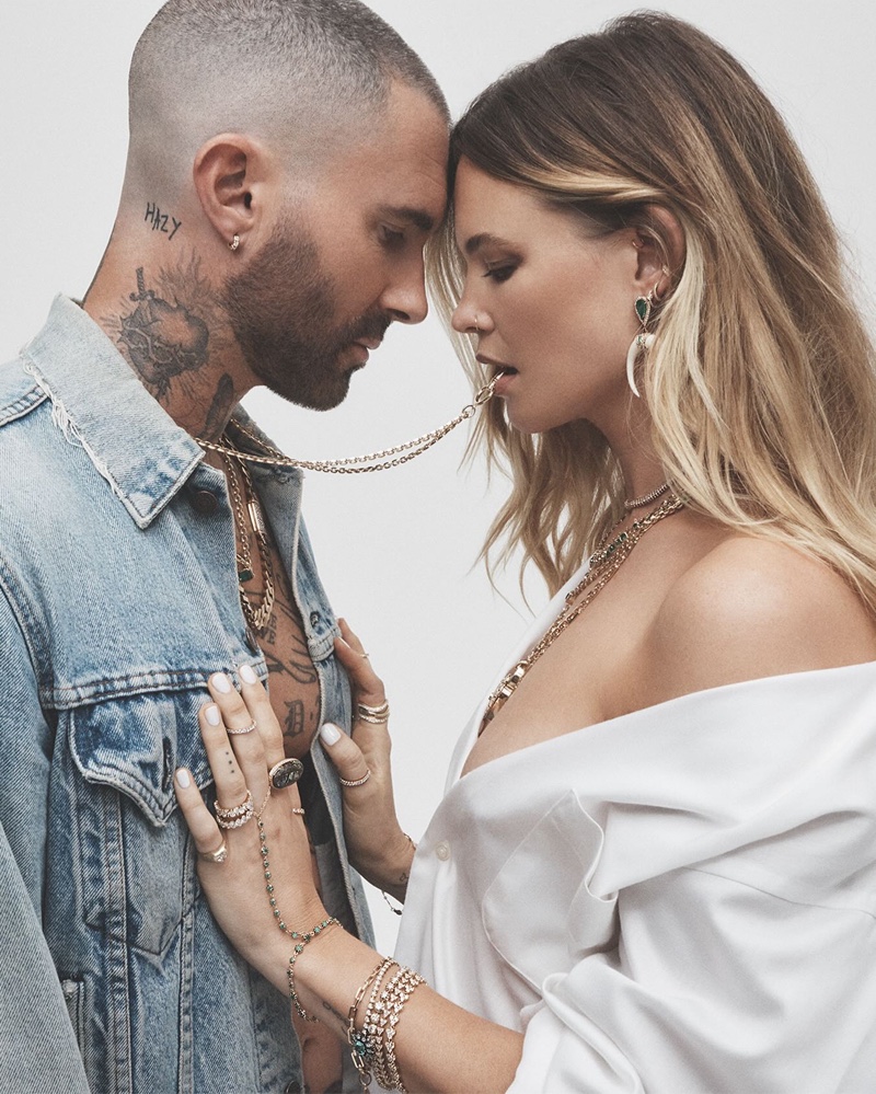 Blending casual and luxury, Adam Levine and Behati Prinsloo pose in Jacquie Aiche's fine jewelry designs.