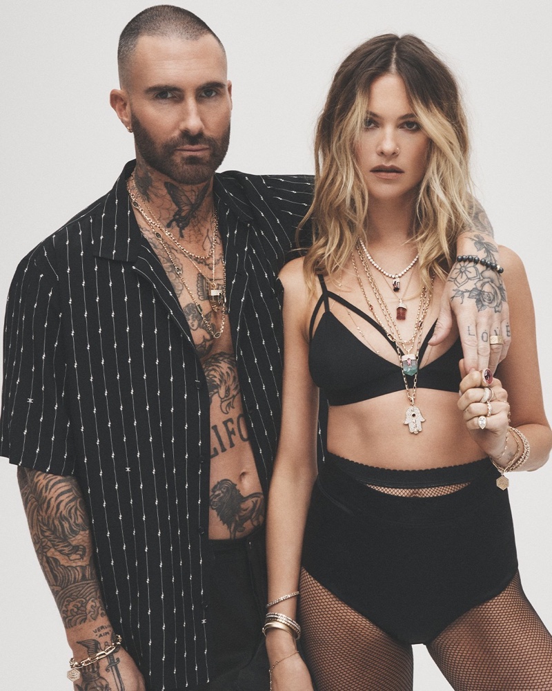 Married couple Behati Prinsloo and Adam Levine showcase pendant styles for Jacquie Aiche's latest collection.