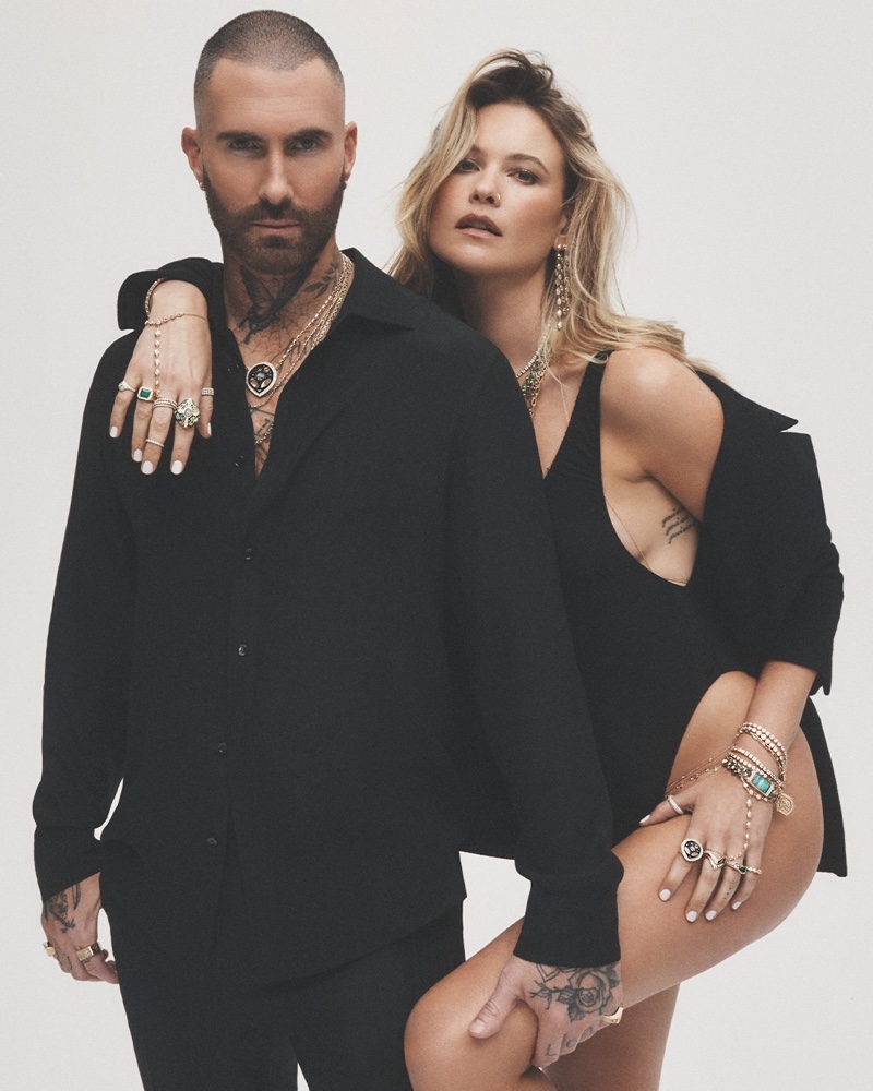 Behati Prinsloo cozies up to Adam Levine in all-black looks for Jacquie Aiche Rebel Heart 2024 campaign.