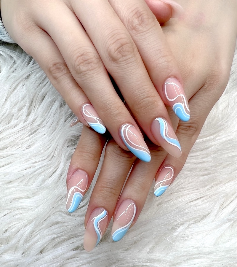 Blue White Swirls Nails