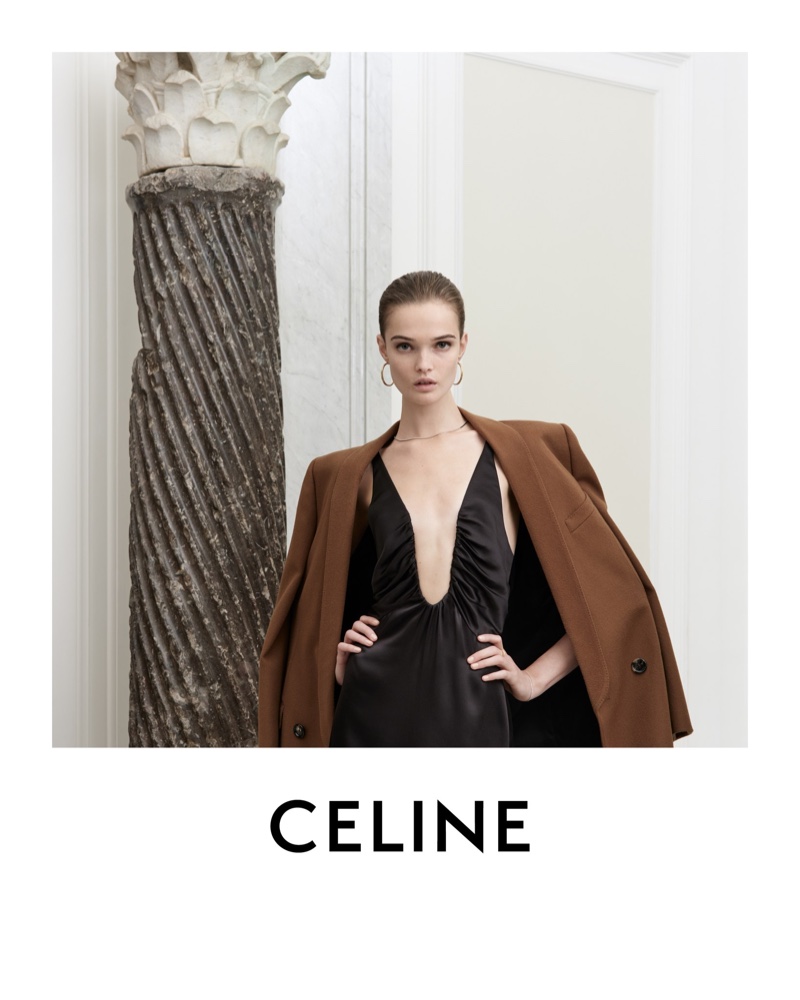 Celine spotlights black silk dress with a cashmere overcoat for La Collection Des Grands Classiques 08.