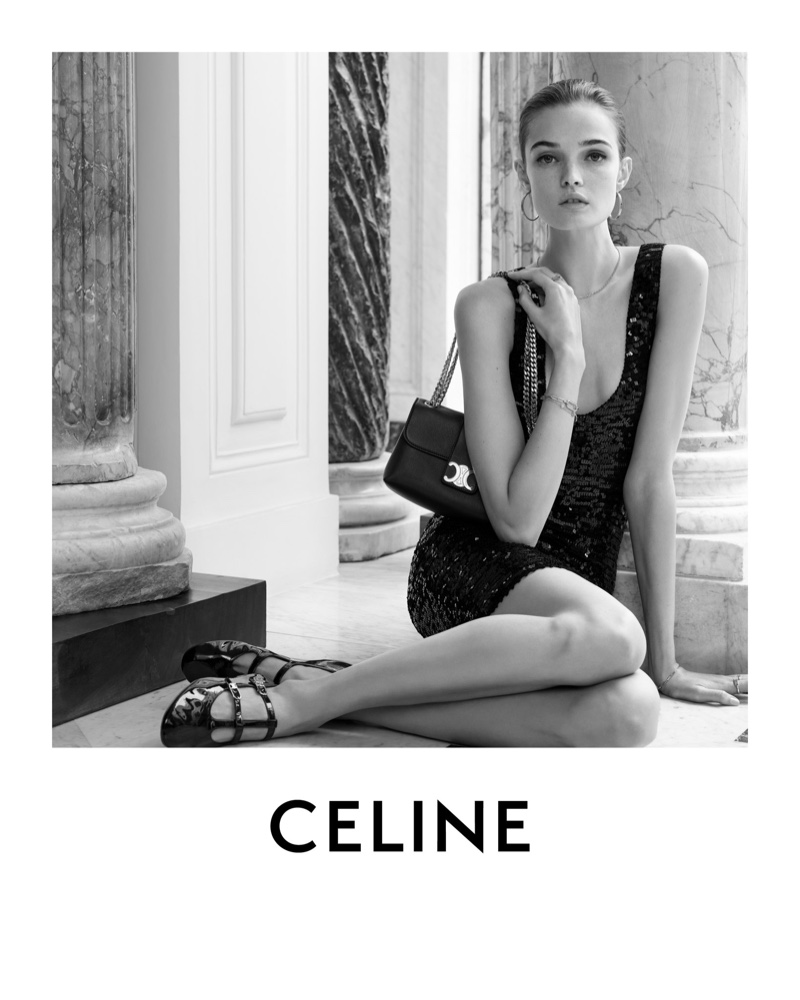 Lulu Tenney adds allure to Celine's sparkling black mini dress, complemented by strappy ballet flats and a Victoire bag.