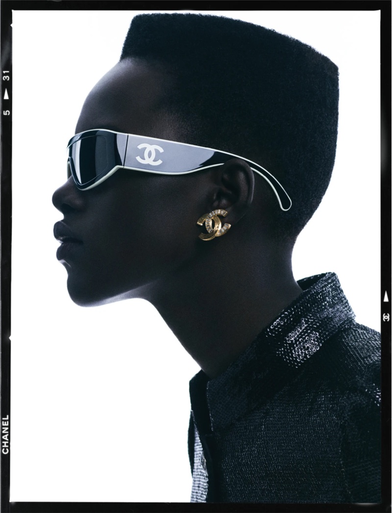 Chanel eyewear's spring 2024 campaign highlights a sleek silhouette modeled by Alaato Jazyper.