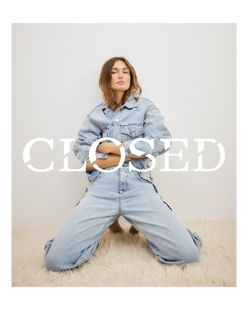 Closed's summer 2024 denim collection shines with Andreea Diaconu, showcasing a light wash shirt and jeans combination.