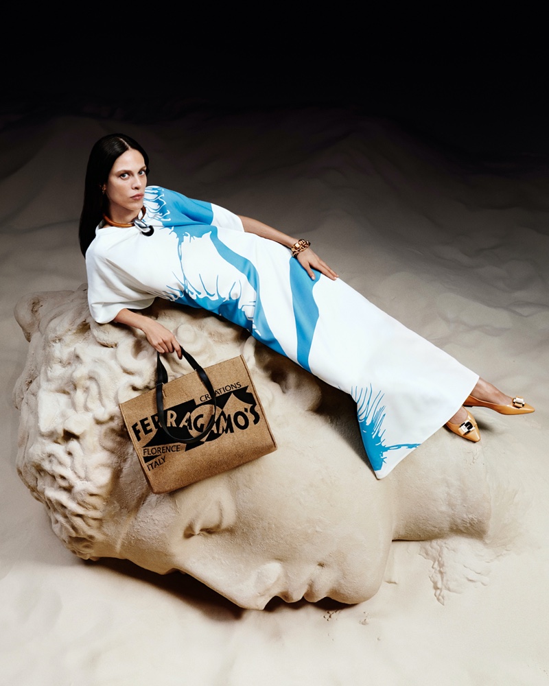 Ferragamo's pre-fall 2024 collection brings a breath of elegance, featuring Aymeline Valade wearing a draped kaftan.