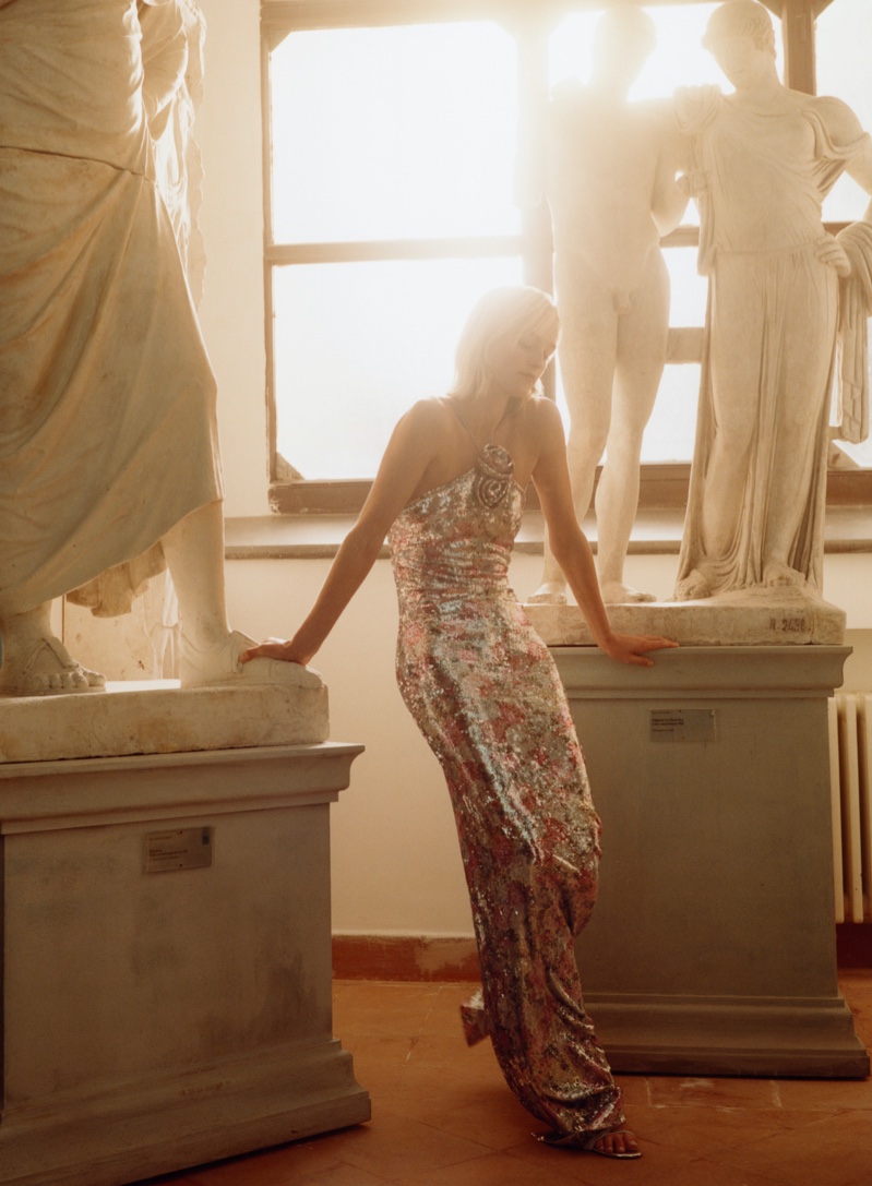 Jean Campbell juxtaposes classical sculpture with modern glam in the Mango Capsule spring 2024 line.