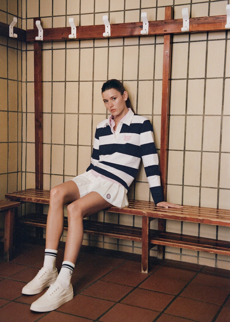 A striped polo and pleated skirt set the tone for Mango Tennis Club's preppy spring 2024 vibe.
