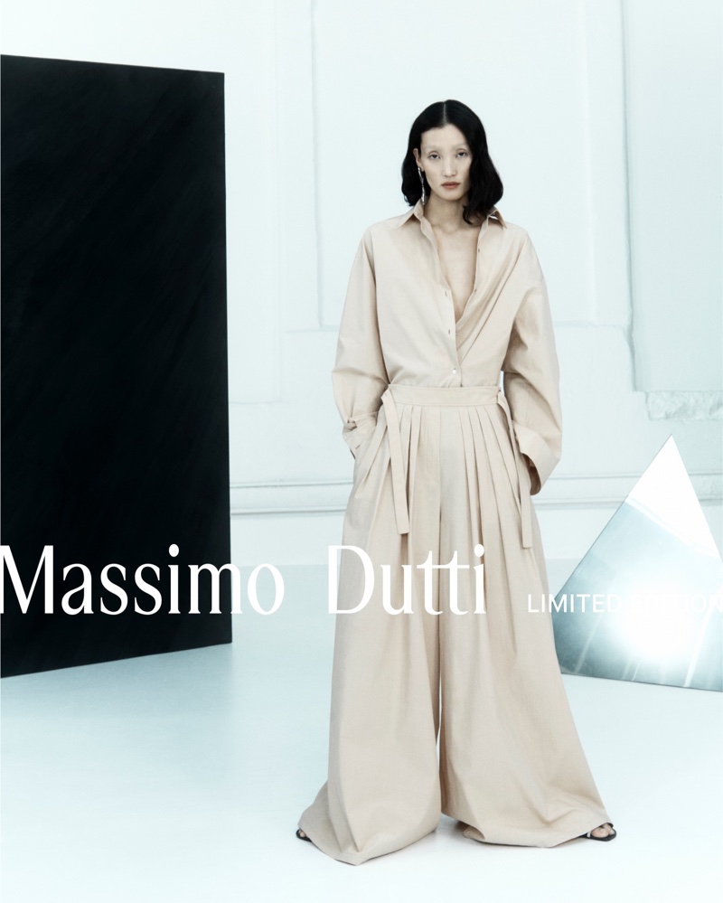Showcasing Massimo Dutti's limited edition spring-summer 2024 collection, Lina Zhang models beige two-piece look.