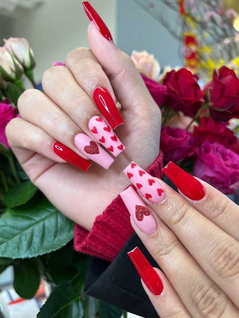 Pink Red Hearts Summer Manicure