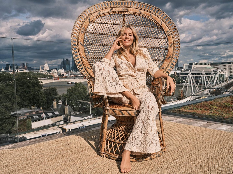 Sienna Miller basks in London's skyline for Twinset's spring 2024 lineup chic in lace macramé.