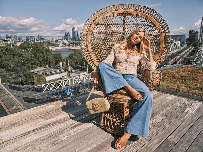 Sky-high style: Sienna Miller pairs wide-leg denim with Twinset's spring 2024 textures.