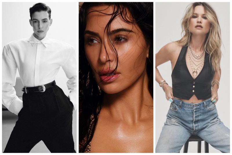 Week in Review: Anne Hathaway for V Magazine, Kim Kardashian fronts SKIMS Swim 2024 ad, and Behati Prinsloo for Jacquie Aiche Rebel Heart collection.