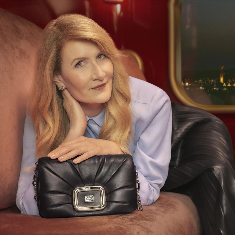 Actress Laura Dern poses with the Viv' Choc bag for the Roger Vivier Express campaign.