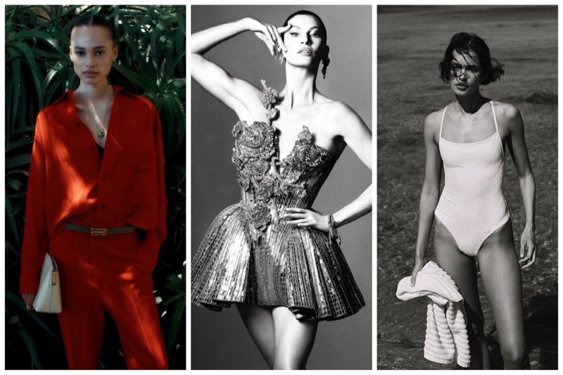 Victoria Beckham high summer 2024 collection, Gisele Bundchen for Balmain summer 2024 campaign, and Zoe Bernard in Harper's Bazaar.
