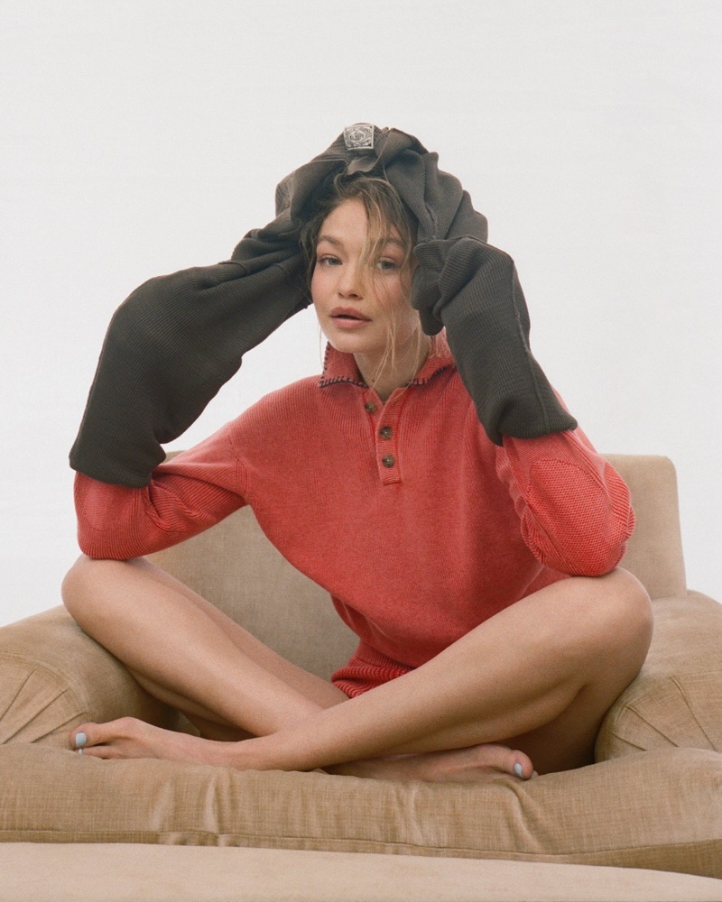 Gigi Hadid poses in Madhappy x Guest in Residence collaboration.