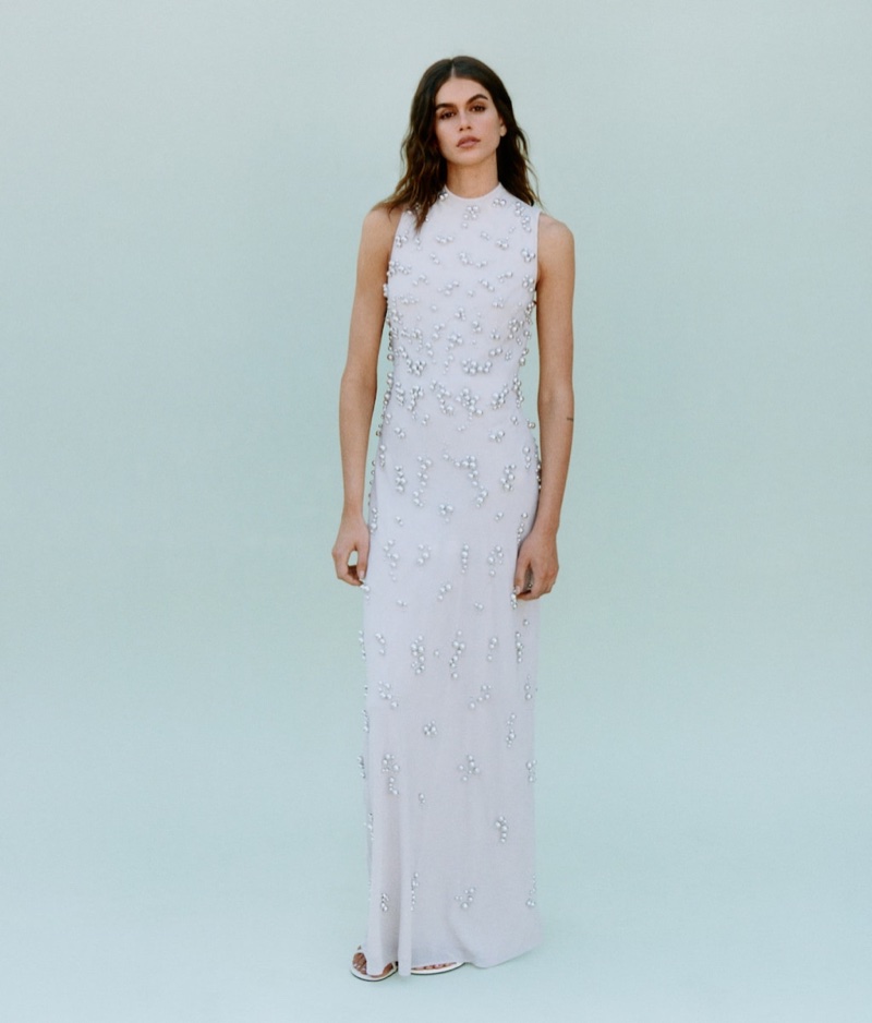 Kaia Gerber models beaded dress from Mango.