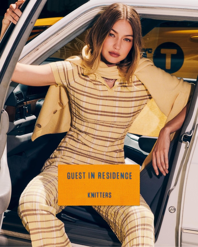 Gigi Hadid poses in Guest in Residence's pre-fall 2025 collection.