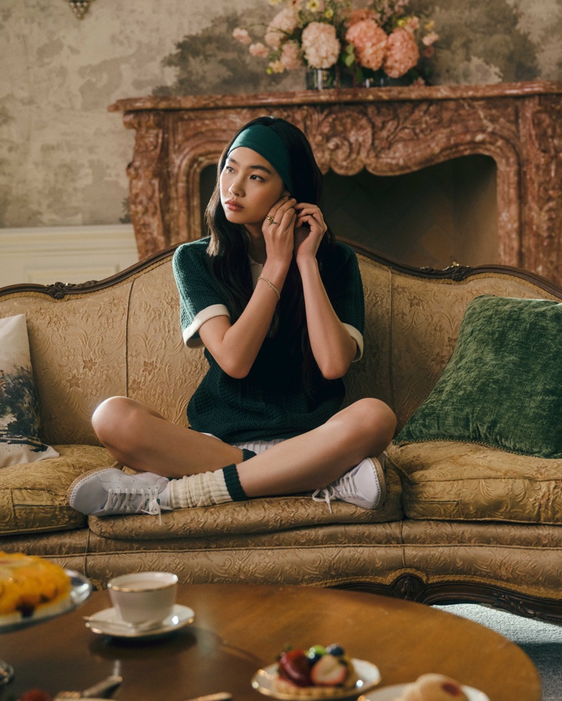 Hoyeon Jung poses in adidas Originals and CLOT by Edison Chen Heritage Classics campaign.