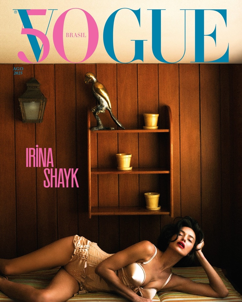Model Irina Shayk poses on the Vogue Brazil August 2025 cover.