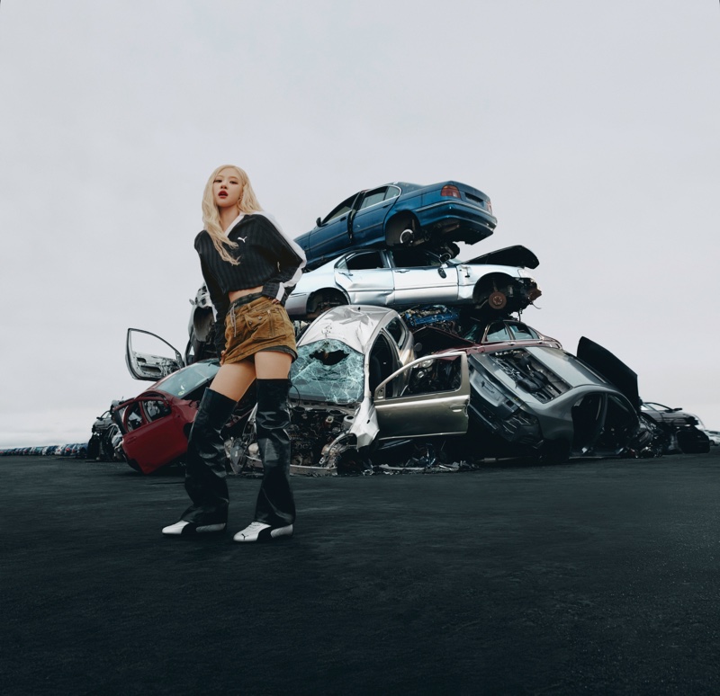 Rosé poses in the PUMA metallic Speedcat campaign.