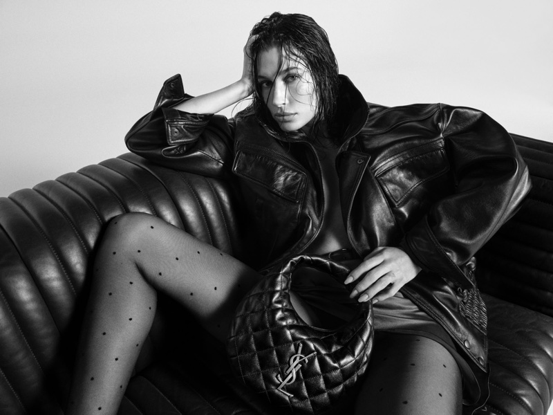 Hailey Bieber poses in Saint Laurent's fall 2025 campaign.