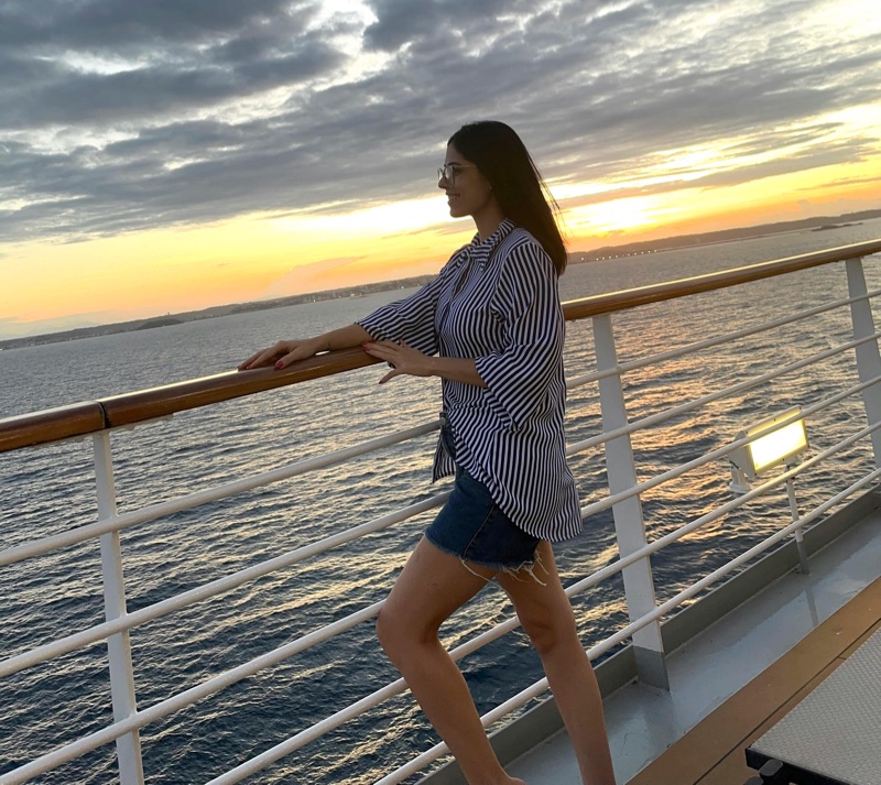 Casual striped shirt denim shorts